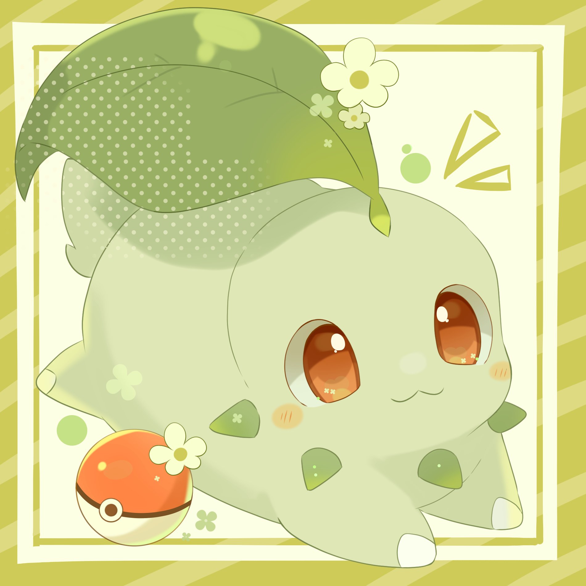 ushiina, chikorita, nintendo, pokemon, commentary request, highres, :3, blush, blush stickers, closed mouth, colored skin, flower, full body, gen 2 pokemon, green skin, leaf, leaf on head, lying, no humans, notice lines, on stomach, poke ball, pokemon (creature), pokemon focus, red eyes, solo