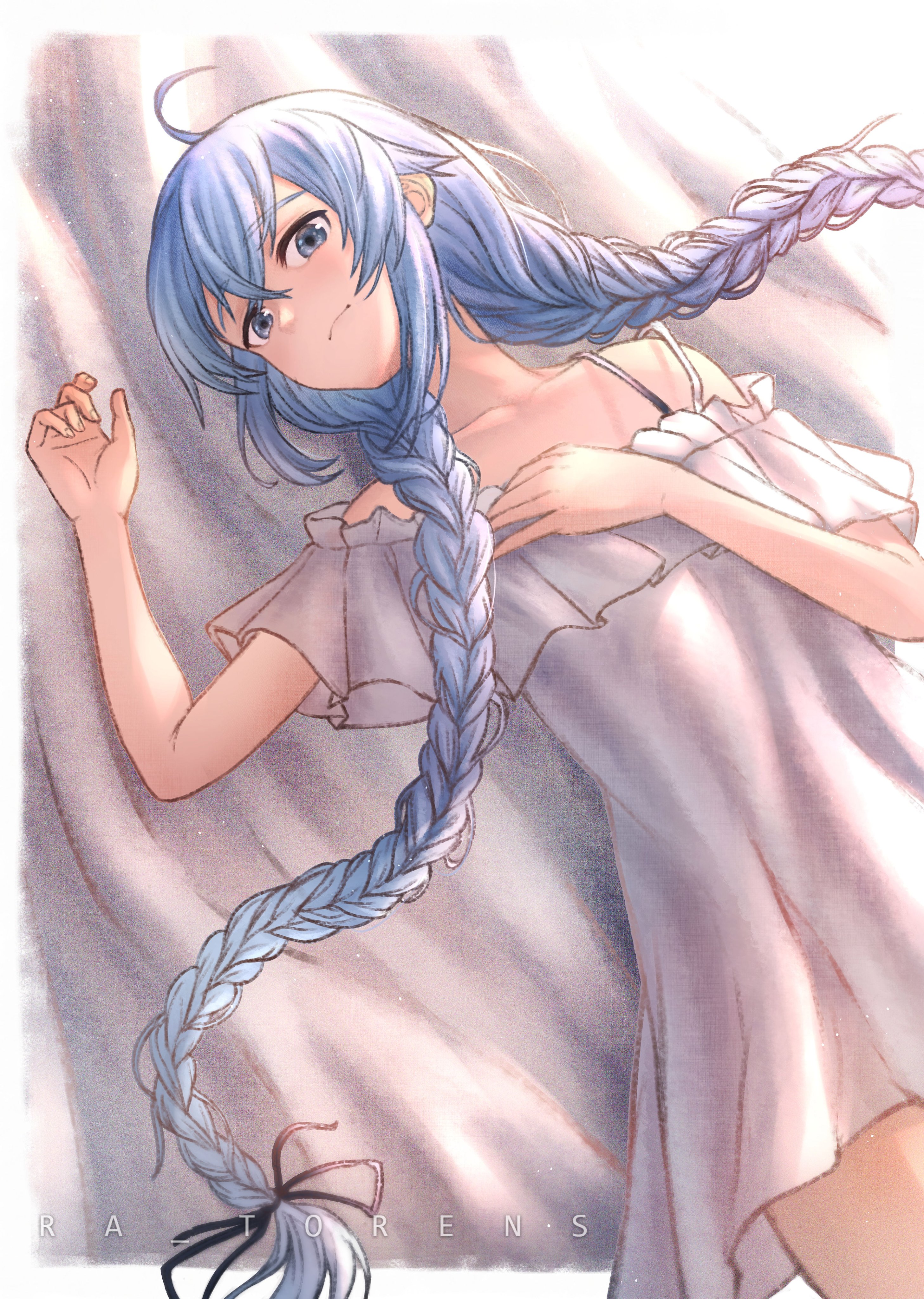 ra torens, roxy migurdia, mushoku tensei, absurdres, highres, 1girl, ahoge, blanket, blue bow, blue eyes, blue hair, bow, feet out of frame, looking to the side, lying, nightgown, on back, on bed, white nightgown