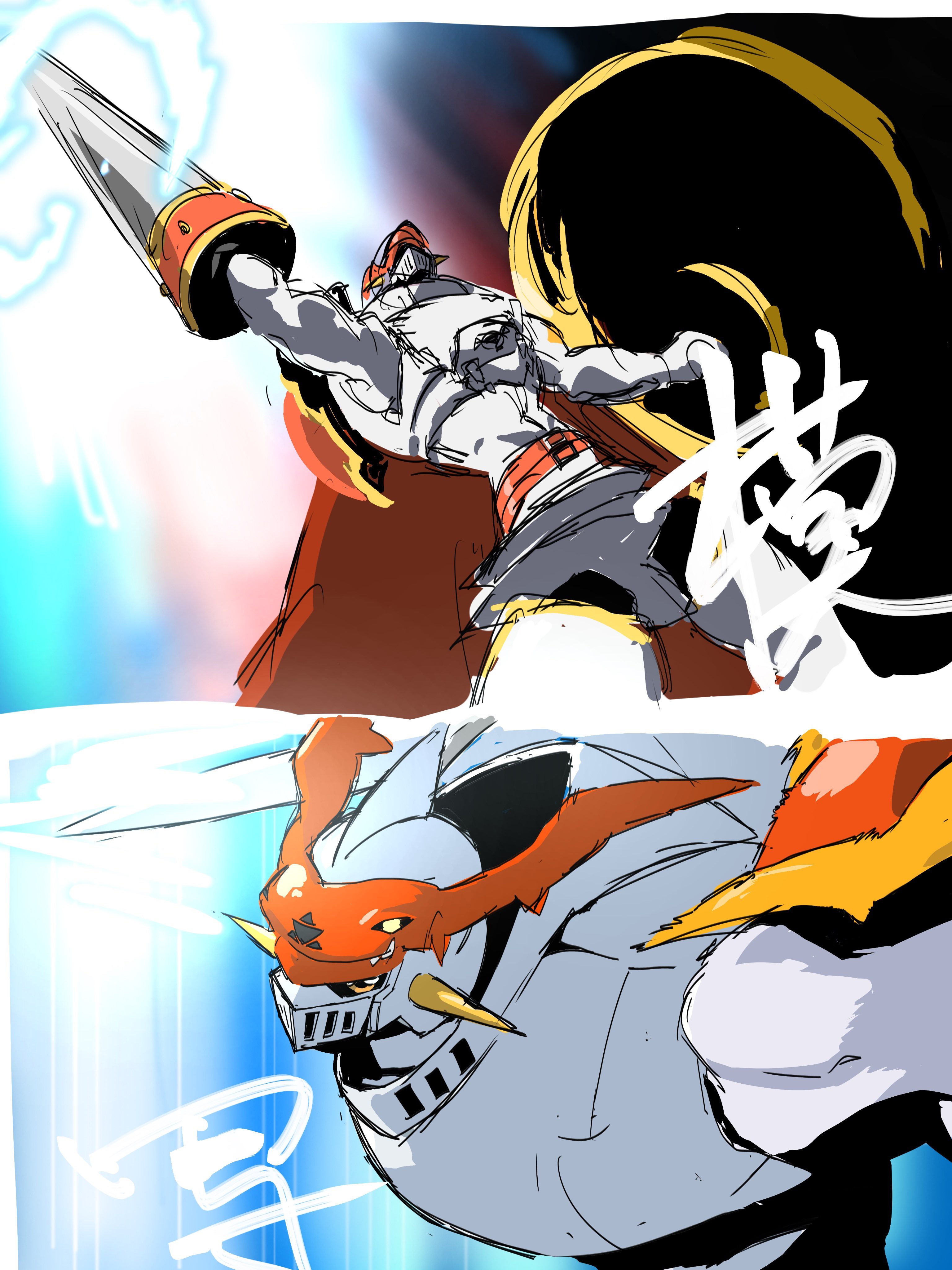 koutei teki, dukemon, digimon, digimon tamers, digimon world 3, digital monster x-evolution, absurdres, highres, armor, asymmetrical dual wielding, cape, digimon (creature), digital hazard, dual wielding, energy blade, energy lance, full body, helmet, holding, holding polearm, holding shield, holding weapon, horns, knight, lance, male focus, no humans, polearm, red cape, shield, shoulder armor, simple background, solo, weapon, white armor, white helmet, yellow eyes