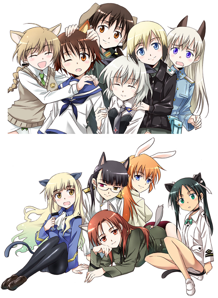 agahari, charlotte e. yeager, eila ilmatar juutilainen, erica hartmann, francesca lucchini, gertrud barkhorn, lynette bishop, minna-dietlinde wilcke, miyafuji yoshika, perrine h. clostermann, sakamoto mio, sanya v. litvyak, strike witches, world witches series, silver hair, 00s, 501st joint fighter wing, 6+girls, animal ears, black hair, black pantyhose, blonde hair, blue eyes, blush, braid, brown eyes, brown hair, closed eyes, everyone, glasses, green eyes, heterochromia, hug, long hair, multicolored hair, multiple girls, panties, panties under pantyhose, pantyhose, purple eyes, rabbit girl, red hair, school uniform, serafuku, short hair, single braid, smile, tail, twintails, two-tone hair, underwear, yellow eyes