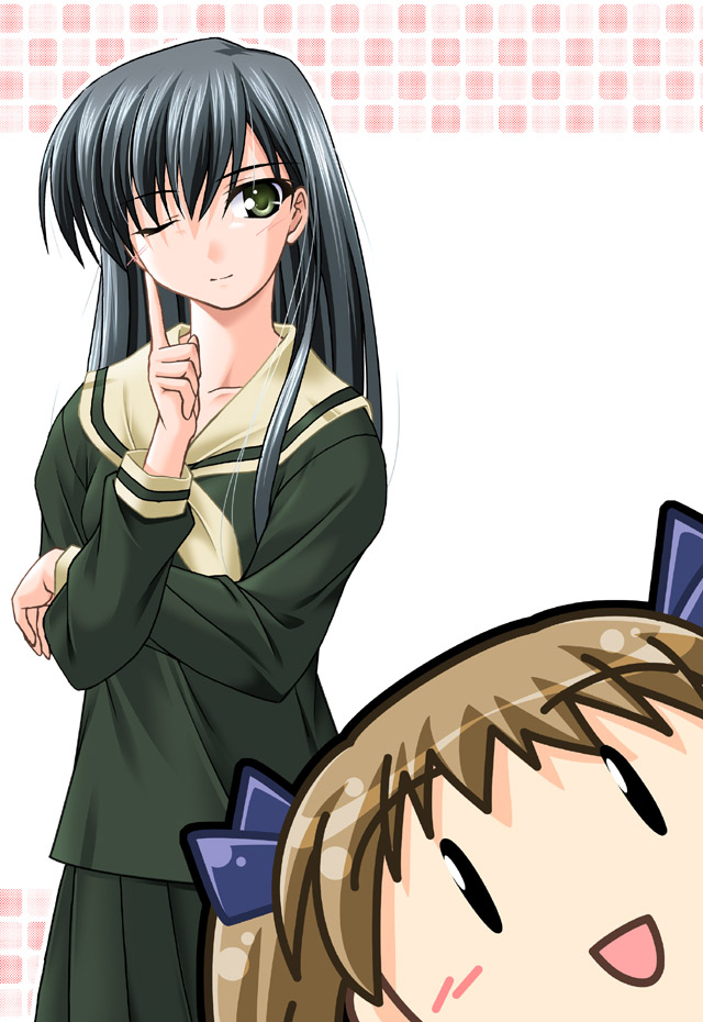 musashiya chougenbou, fukuzawa yumi, ogasawara sachiko, maria-sama ga miteru, 00s, black hair, chibi, green eyes, long hair, school uniform, wink
