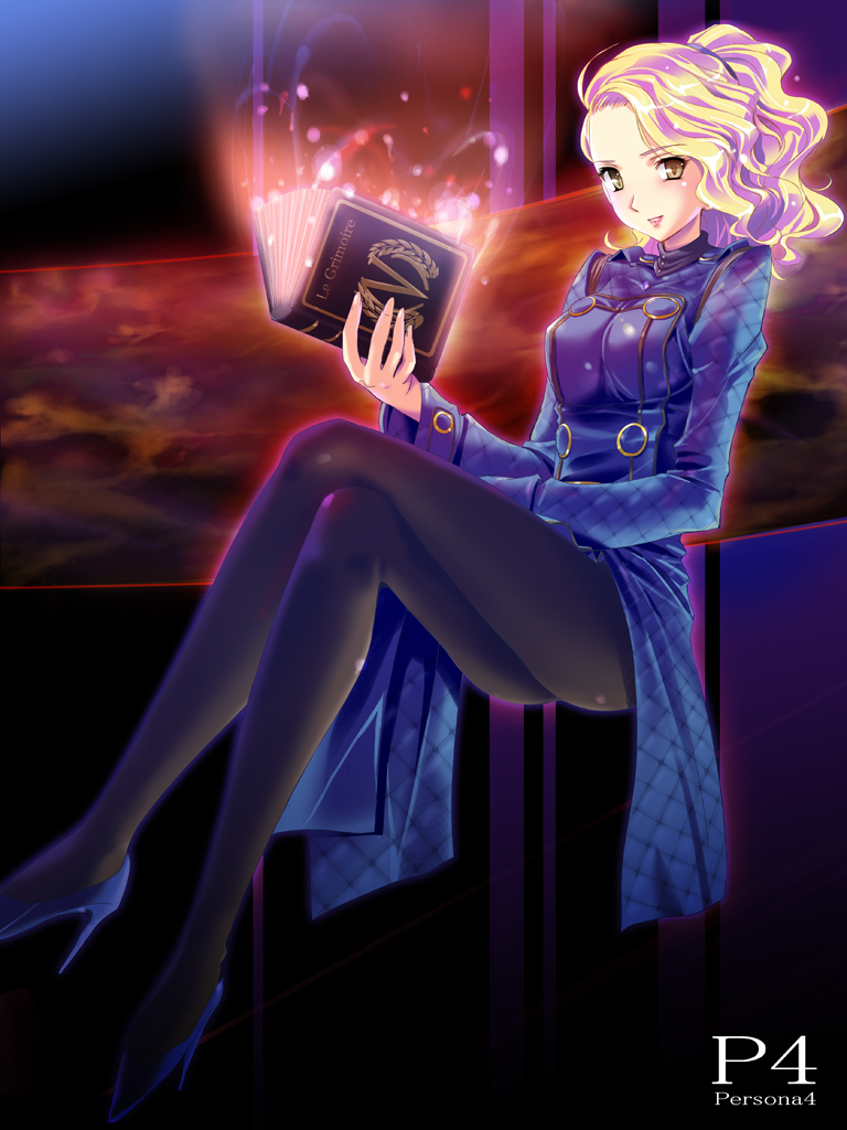 taro (gaki), taro (pixiv534231), margaret (persona), atlus, persona, persona 4, margaret, bad id, bad pixiv id, 1girl, blonde hair, book, dress, female focus, hairband, high heels, lipstick, long legs, makeup, pantyhose, ponytail, shoes, sitting, solo, wavy hair, yellow eyes