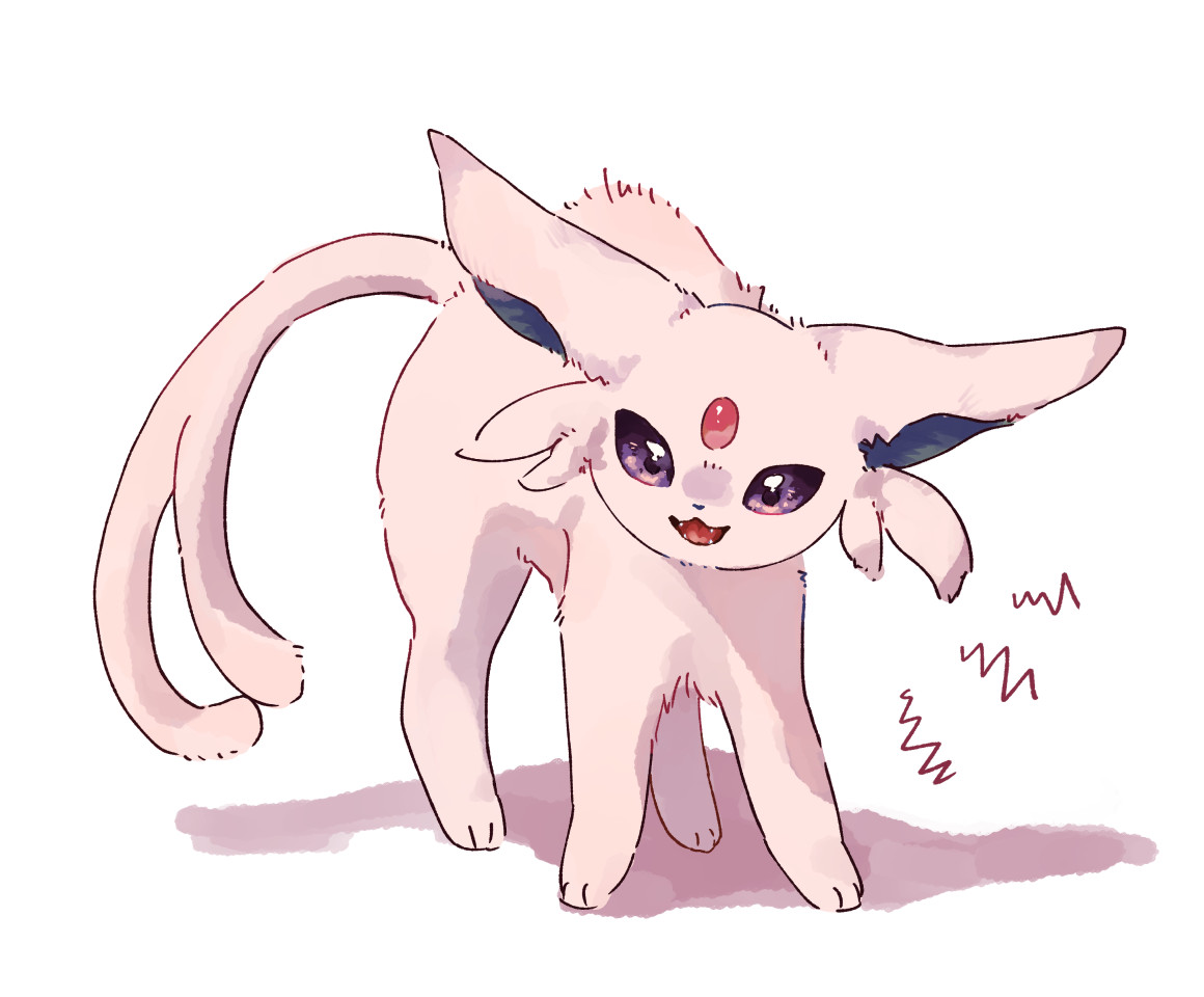 oinyanyari, espeon, nintendo, pokemon, commentary request, all fours, animal ears, fangs, forehead jewel, forked tail, full body, gem, gen 2 pokemon, looking at viewer, no humans, open mouth, pokemon (creature), pokemon focus, purple eyes, purple fur, red gemstone, simple background, solo, tail, white background