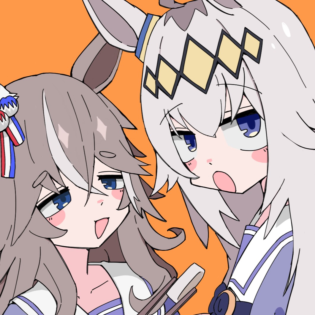 sudzume, oguri cap (umamusume), umamusume, umamusume: cinderella gray, character request, 1girl, ahoge, animal ears, blue eyes, bow, brown hair, ear bow, ear covers, ear ornament, ear ribbon, grey hair, hair between eyes, hair ornament, hairband, holding, horse ears, horse girl, horseshoe ornament, long hair, long sleeves, multicolored hair, multiple girls, purple shirt, sailor collar, sailor shirt, school uniform, shirt