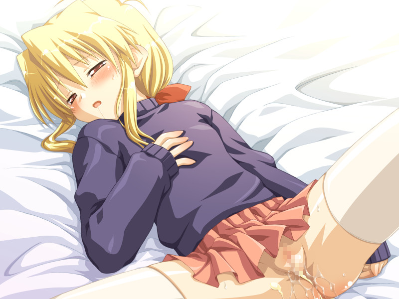 kannazuki genshi, kinosaki yuu, l-laboratory, game cg, aftersex, blonde hair, blush, censored, cum, cum in pussy, loli, no panties, ponytail, skirt, thighhighs, turtleneck, wet