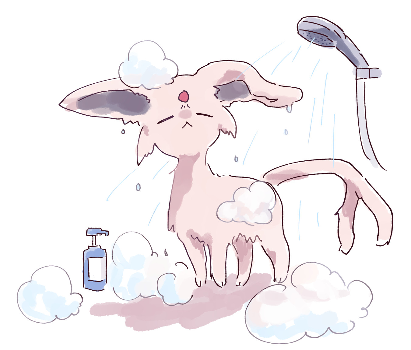 oinyanyari, espeon, nintendo, pokemon, commentary, all fours, animal ears, bathing, closed eyes, closed mouth, forehead jewel, forked tail, full body, gem, gen 2 pokemon, no humans, omake, pokemon (creature), pokemon focus, purple fur, red gemstone, shampoo bottle, shower head, simple background, solo, tail, water, wet, white background