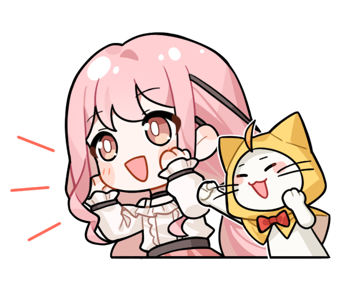 blcky, momo (nikki), nikki (nikki), perfect start (infinity nikki), infinity nikki, nikki (series), artist request, official art, 1girl, ^ ^, ahoge, bare shoulders, belt, black belt, black choker, blush stickers, bow, bowtie, bright pupils, brown eyes, center frills, cheering, chibi, choker, clenched hand, cloak, closed eyes, clothing cutout, cropped legs, ear covers, eyes visible through hair, frilled sleeves, frills, hair ribbon, hair tie, hand on own cheek, hand on own face, hands on own cheeks, hands on own face, hood, hood up, hooded cloak, long hair, long sidelocks, long sleeves, looking ahead, low twintails, notice lines, open mouth, pink hair, pink skirt, pleated skirt, puffy long sleeves, puffy sleeves, red bow, red bowtie, ribbon, shirt, shoulder cutout, sidelocks, skirt, sleeves past wrists, smile, tareme, traditional bowtie, transparent background, tress ribbon, twintails, very long hair, wavy hair, whiskers, white pupils, white shirt, yellow cloak