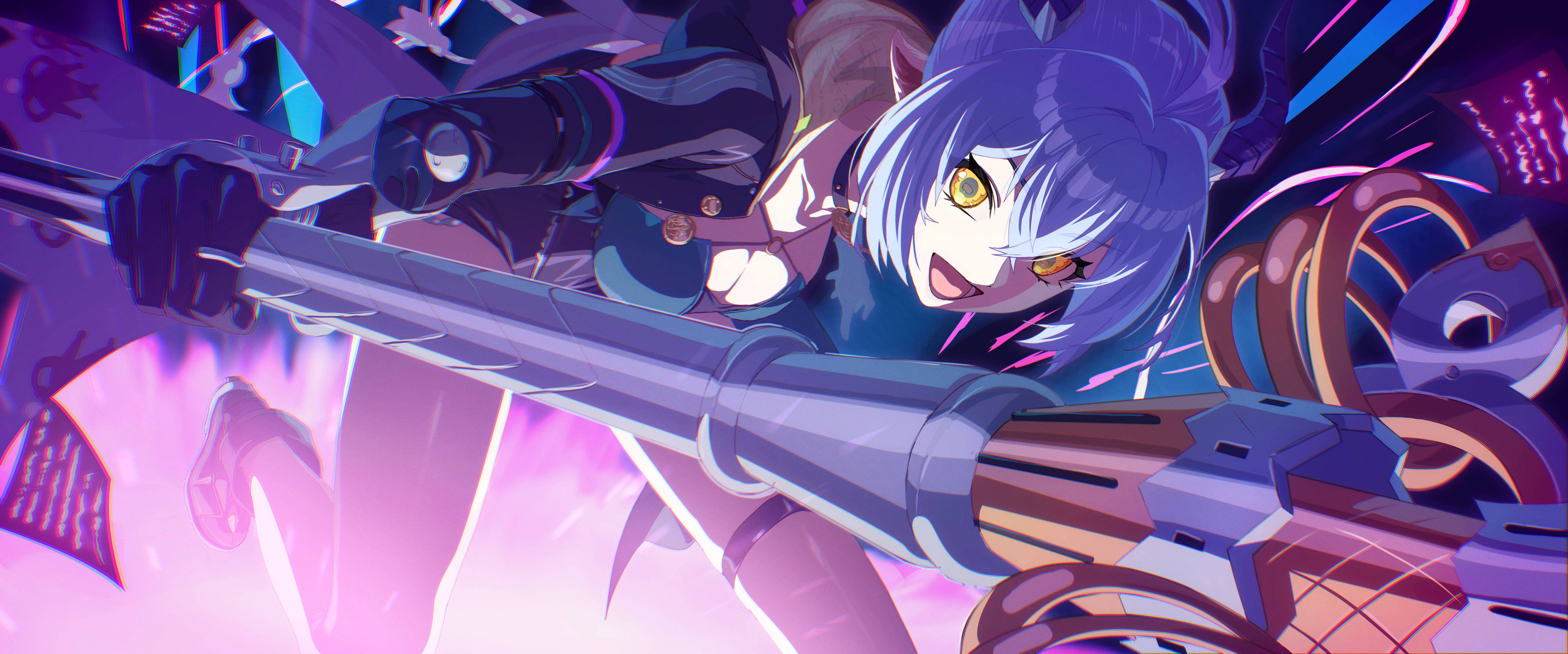 yanagino (yanagino3), lucia elowen, zenless zone zero, absurdres, commentary, highres, 1girl, :d, black gloves, blue hair, breasts, cleavage, foot out of frame, gloves, goat girl, goat horns, holding, holding staff, horns, long hair, looking at viewer, o-ring, o-ring top, open mouth, pointy ears, shoes, smile, solo, staff, thigh strap, yellow eyes