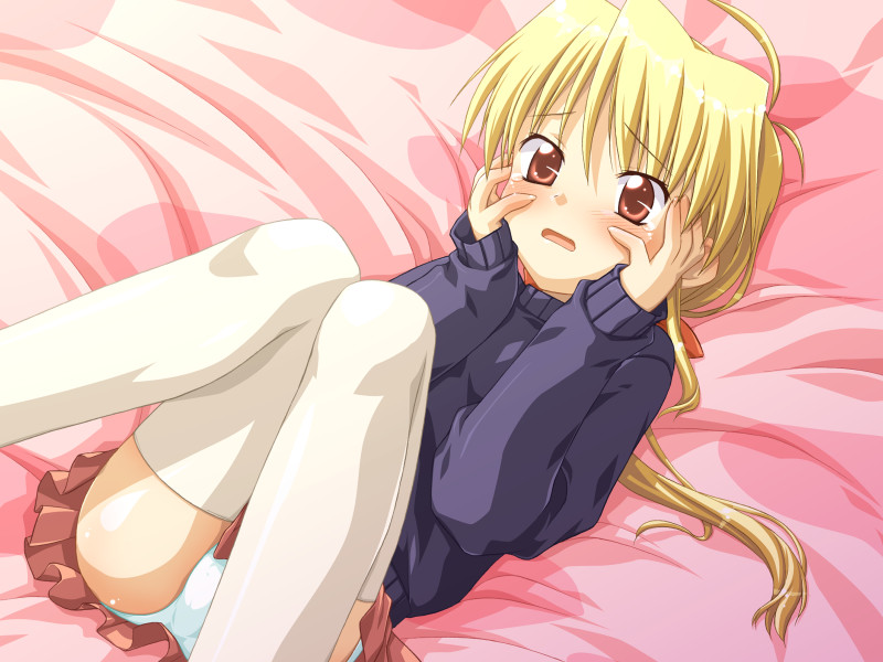 kannazuki genshi, kinosaki yuu, l-laboratory, game cg, blonde hair, blush, loli, panties, ponytail, skirt, thighhighs, turtleneck, underwear