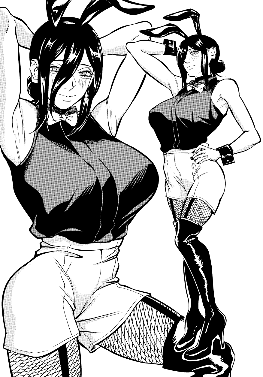 kei dragonsheaven, reze (chainsaw man), chainsaw man, commentary, english commentary, highres, 1girl, alternate breast size (larger), animal ears, black hair, black nails, boots, breasts, choker, crosshatching, fake animal ears, fishnets, greyscale, hair between eyes, hatching (texture), high heel boots, high heels, long hair between eyes, monochrome, solo, white background