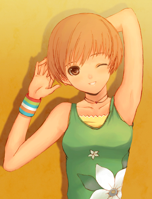 seiru (prairie), satonaka chie, atlus, persona, persona 4, 1girl, armpits, female focus, one eye closed, short hair, smile, solo, tank top, wink, wristband