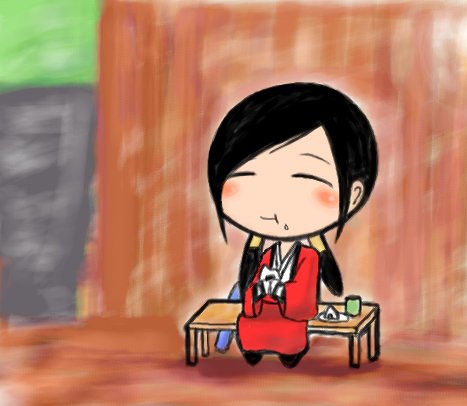 takane hibiki, bakumatsu rouman, bakumatsu rouman dainimaku, snk, lowres, 1girl, black hair, blush, chibi, closed eyes, eating, female focus, japanese clothes, kimono, long hair, sitting, smile, solo, twintails