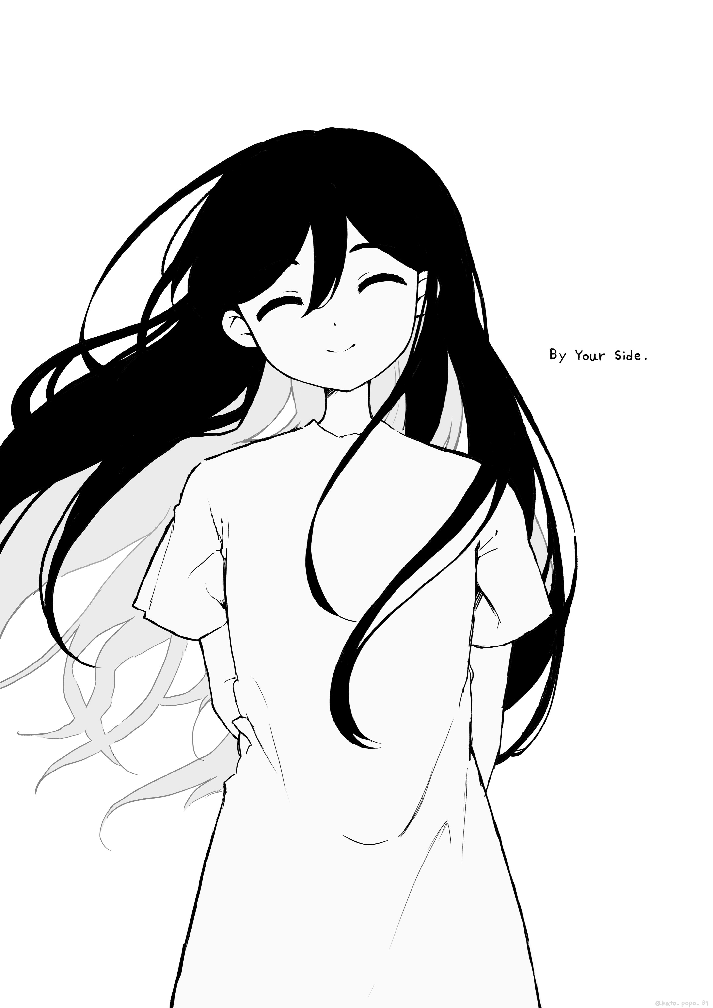 hato popo 37, mari (omori), mari (spirit) (omori), omori, absurdres, highres, 1girl, arms behind back, closed eyes, closed mouth, double-parted bangs, dress, english text, greyscale, hair between eyes, long hair, monochrome, short sleeves, simple background, smile, solo