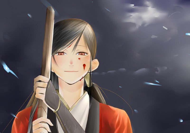 onigunsou, takane hibiki, bakumatsu rouman, bakumatsu rouman dainimaku, snk, 1girl, black hair, blood, brown eyes, creepy, female focus, horror (theme), japanese clothes, katana, kimono, long hair, outdoors, petals, ponytail, red eyes, sheath, sheathed, shirasaya, sky, smile, solo, sword, weapon