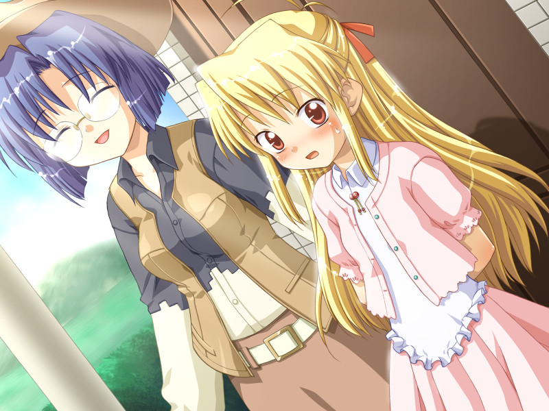 kannazuki genshi, kinosaki yuu, kirishima kaho, l-laboratory, game cg, tagme, 2girls, blonde hair, blue hair, blush, glasses, long hair, multiple girls