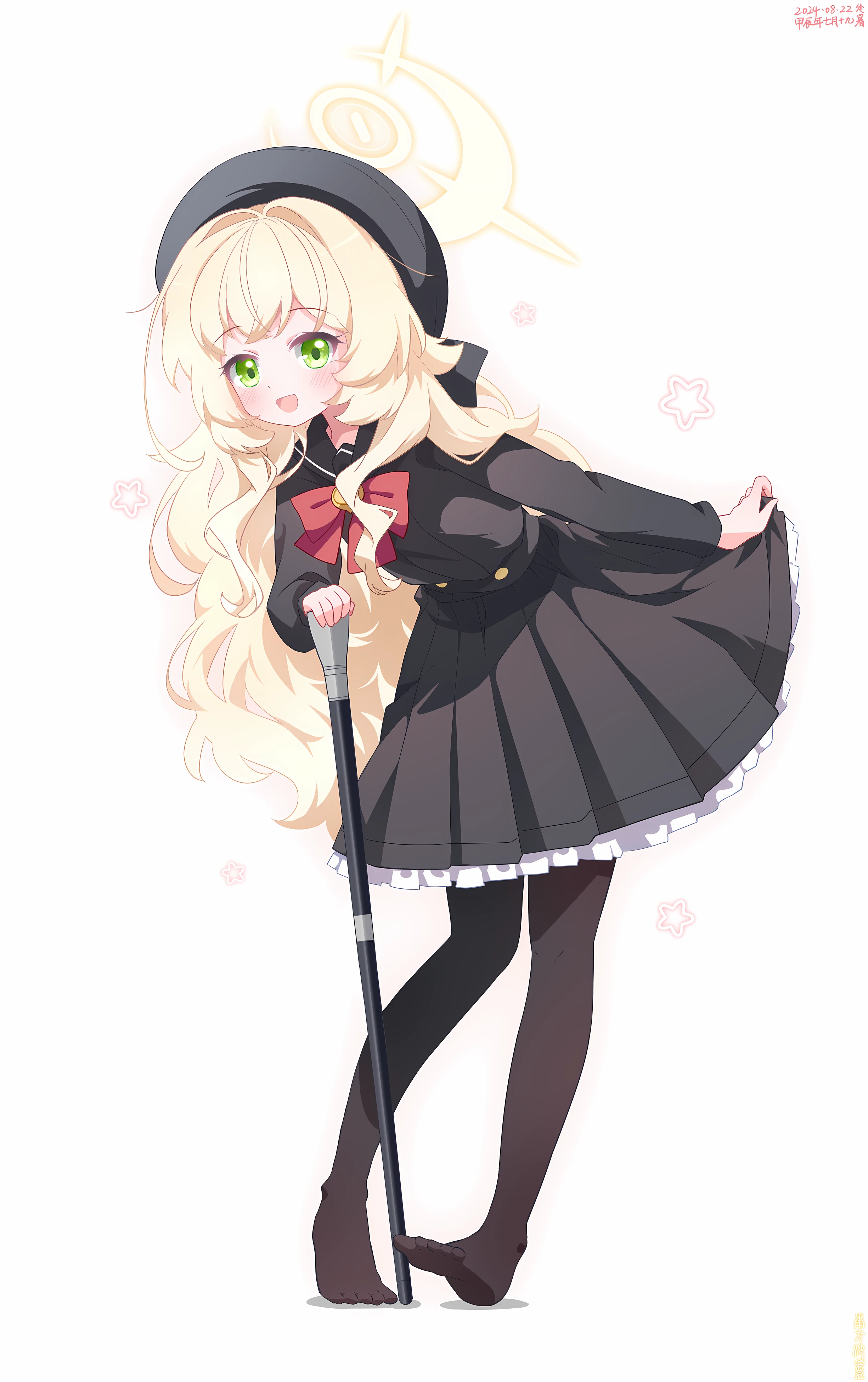 southernsandbox, professor niyaniya (blue archive), blue archive, absurdres, highres, 1girl, :d, beret, black pantyhose, black sailor collar, black shirt, black skirt, blonde hair, blush, bow, breasts, cane, frilled skirt, frills, full body, green eyes, halo, hat, leaning forward, long hair, long sleeves, looking at viewer, no shoes, open mouth, pantyhose, pleated skirt, puffy sleeves, red bow, sailor collar, school uniform, serafuku, shirt, simple background, skirt, skirt hold, smile, solo, standing, very long hair, white background