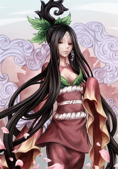 nabe (crow's head), sakuya (ookami), capcom, ookami (game), 1girl, black hair, breasts, cleavage, earrings, female focus, hair ornament, japanese clothes, jewelry, long hair, long sleeves, petals, ponytail, solo, very long hair