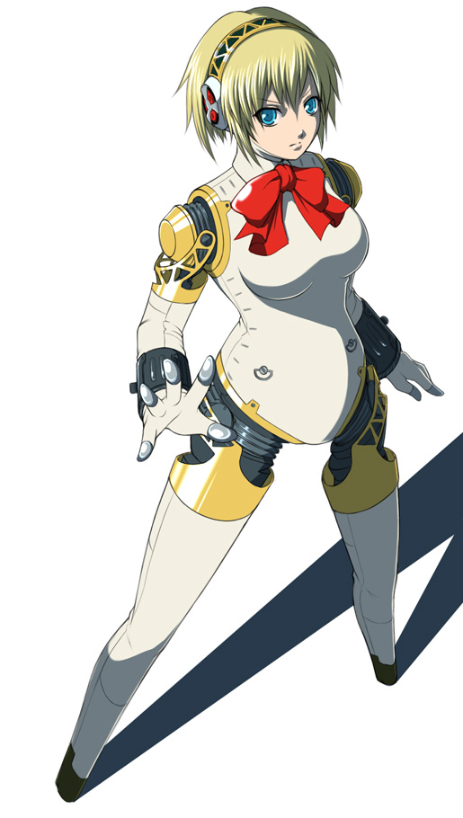 genjuu rou, aigis (persona), atlus, persona, persona 3, android, blonde hair, blue eyes, from above, ribbon, shadow, solo