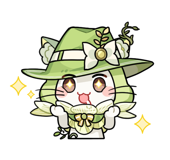 momo (nikki), infinity nikki, nikki (series), artist request, official art, + +, animal, animal focus, belt, blush stickers, bow, bowtie, brooch, brown eyes, cat, cloak, clothed animal, cropped torso, drooling, ear covers, excited, eyes visible through headwear, flower, frilled cloak, green cloak, green hat, hands on own cheeks, hands on own face, hat, hat belt, hat bow, hat flower, hood, hood up, hooded cloak, jewelry, looking at viewer, no humans, official alternate costume, open mouth, plant, single stripe, smile, sparkling eyes, straight-on, striped bow, striped bowtie, striped clothes, transparent background, vines, whiskers, white belt, white bow, white cat, white flower, witch hat, yellow bow, yellow bowtie