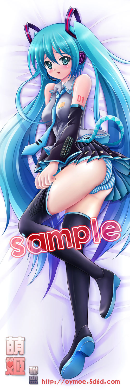 obiwan, hatsune miku, vocaloid, highres, long image, tall image, 1girl, aqua eyes, aqua hair, blush, dakimakura (medium), detached sleeves, female focus, full body, headset, long hair, necktie, panties, sample watermark, skirt, solo, striped clothes, striped panties, thighhighs, twintails, underwear, very long hair, watermark, web address