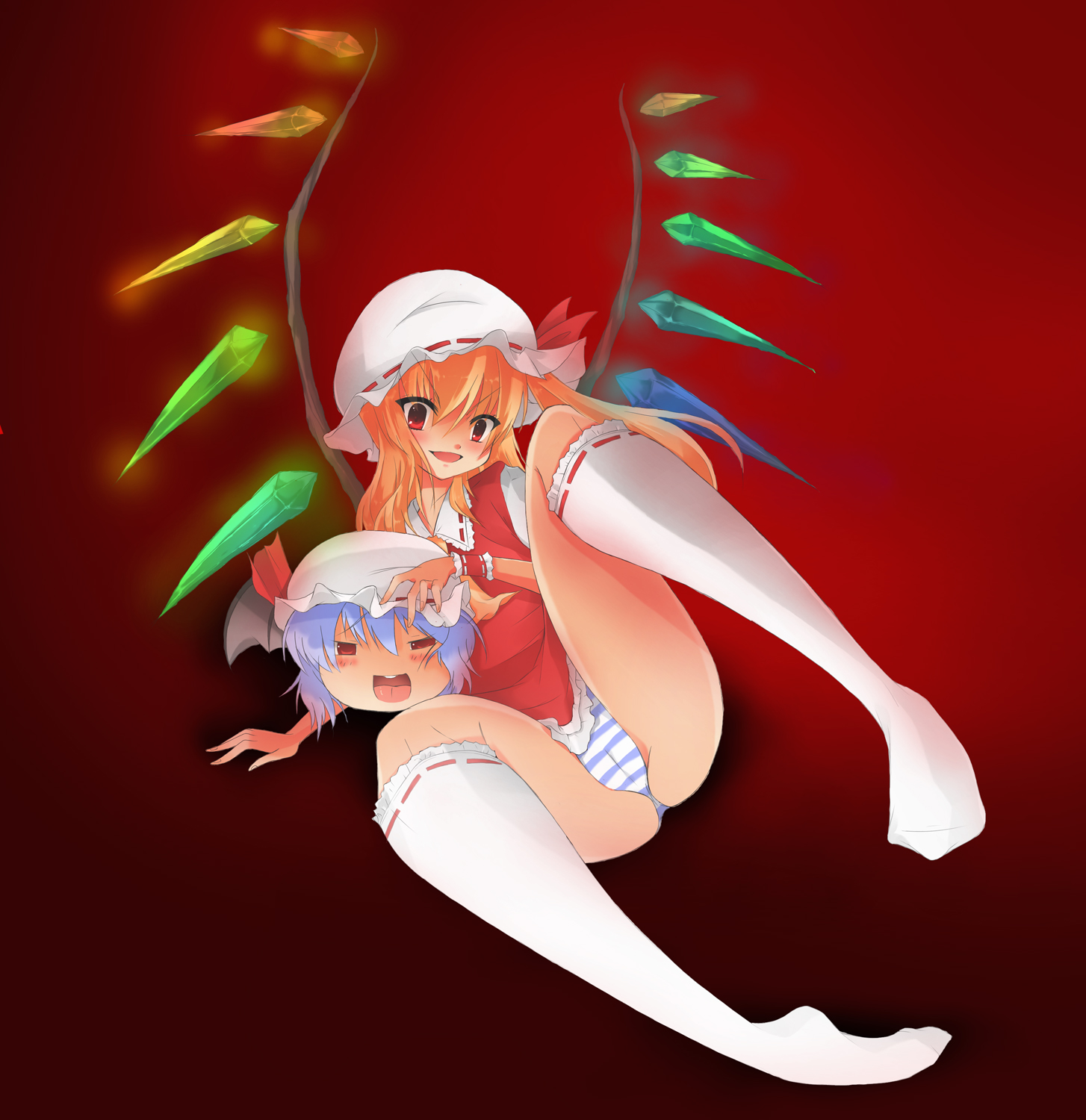 noi (noi 2y), flandre scarlet, remilia scarlet, touhou, highres, 2girls, blonde hair, cameltoe, dress, feet, female focus, full body, gradient background, hat, kneehighs, long hair, multiple girls, panties, red eyes, ribbon, skirt, socks, solo, spread legs, striped clothes, striped panties, underwear, white socks, wings, yukkuri shiteitte ne