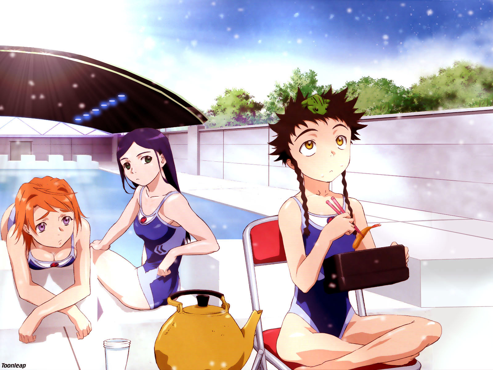 hisayuki hirokazu, kuga natsuki, minagi mikoto, tokiha mai, my-hime, highres, official art, official wallpaper, 00s, 3girls, bent over, black hair, blue one-piece swimsuit, breasts, cleavage, competition swimsuit, crossed arms, crustacean, diving block, flat chest, food, frog, green eyes, indian style, kettle, light rays, looking back, medium breasts, multiple girls, object on head, one-piece swimsuit, orange hair, outdoors, pool, poolside, purple eyes, purple hair, shrimp, shrimp tempura, sitting, skinny, snow, sparkle, sunbeam, sunlight, swimsuit, tempura, yellow eyes