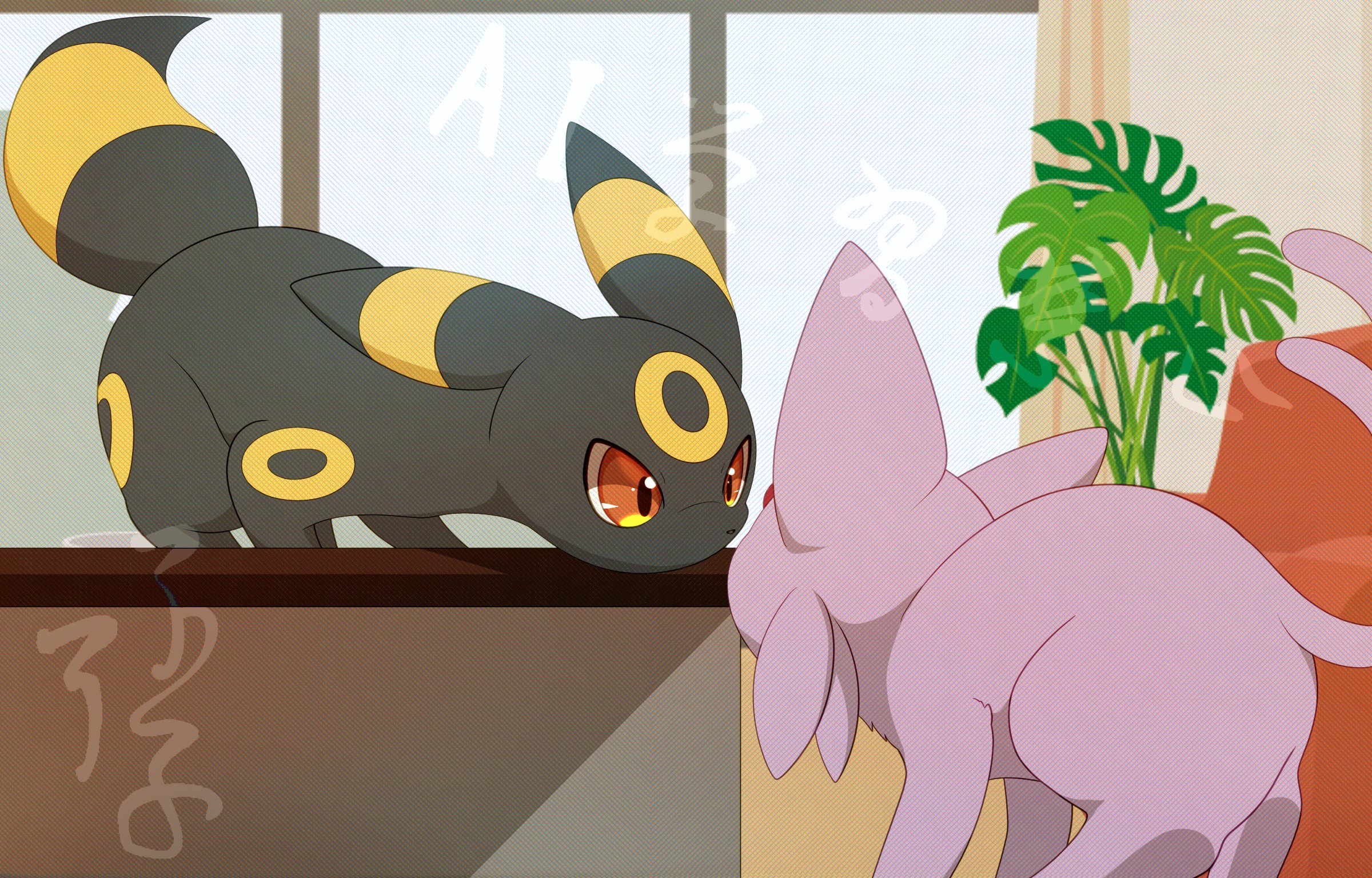 hirochanu0807, espeon, umbreon, nintendo, pokemon, highres, animal focus, black fur, colored sclera, couch, curtains, forehead jewel, forked tail, gem, gen 2 pokemon, indoors, looking at another, no humans, plant, pokemon (creature), pokemon focus, potted plant, purple fur, red eyes, red gemstone, red sclera, tail, window