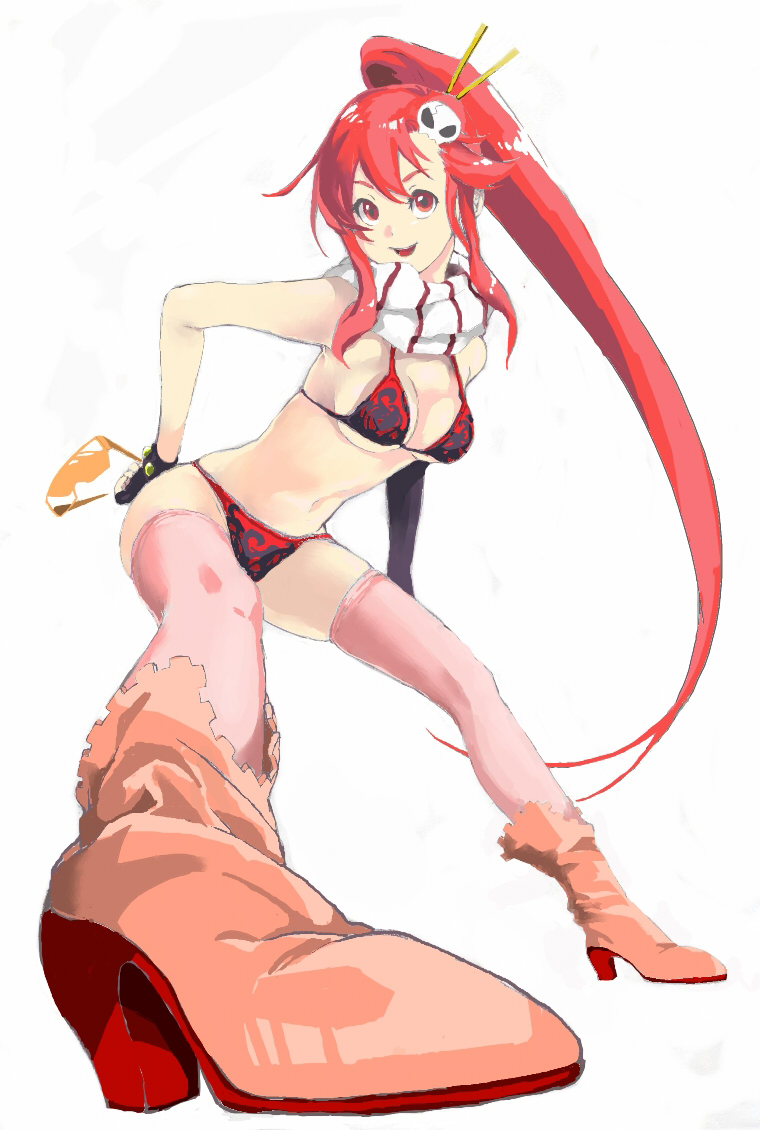 kurohachimitsu, yoko littner, tengen toppa gurren lagann, bad id, bad pixiv id, 00s, 1girl, bikini, black bikini, boots, breasts, cleavage, female focus, fingerless gloves, foreshortening, glasses, gloves, hair ornament, large breasts, long hair, perspective, pink thighhighs, ponytail, red eyes, red hair, scarf, solo, swimsuit, thighhighs