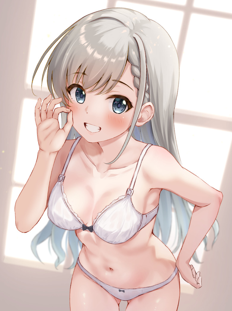 ca paria, hisakawa hayate, idolmaster, idolmaster cinderella girls, commentary request, 1girl, blush, bow, bow bra, bow panties, bra, braid, breasts, collarbone, cowboy shot, gluteal fold, grey eyes, grey hair, grin, hand on own hip, hand up, leaning forward, long hair, looking at viewer, medium breasts, navel, ok sign, panties, smile, solo, standing, stomach, straight hair, underwear, underwear only, very long hair, white bra, white panties