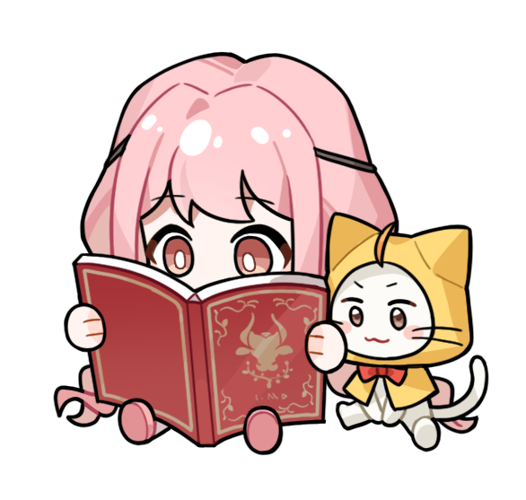 bullquet (infinity nikki), momo (nikki), nikki (nikki), infinity nikki, nikki (series), artist request, non-web source, official art, 1girl, :3, absurdly long hair, ahoge, animal, black ribbon, book, bow, bowtie, bright pupils, brown eyes, cat, chibi, cloak, closed mouth, clothed animal, covered mouth, ear covers, hair ribbon, hair spread out, holding, holding book, hood, hood up, hooded cloak, long hair, low twintails, open book, pink hair, pink shoes, reading, red bow, red bowtie, ribbon, shoes, sidelocks, sitting, tareme, traditional bowtie, tress ribbon, twintails, very long hair, wavy hair, whiskers, white cat, white pupils, yellow cloak
