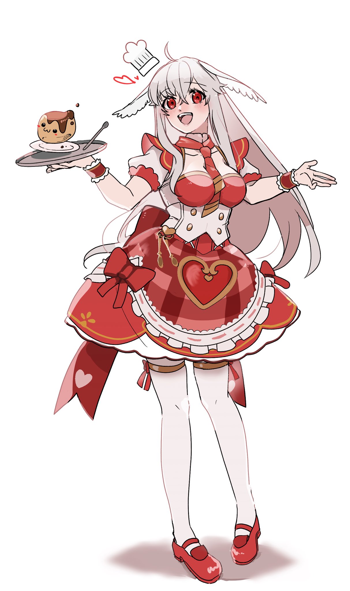 datenshi no fu, arch bishop (ragnarok online), ragnarok masters, ragnarok online, commentary request, highres, 1girl, adapted costume, ahoge, between breasts, blush, bow, bow skirt, breasts, buttons, cream puff, feathered wings, food, full body, grey hair, head wings, holding, holding tray, large breasts, long hair, looking at viewer, mary janes, mini chef hat, necktie, necktie between breasts, open mouth, puffy short sleeves, puffy sleeves, red bow, red eyes, red necktie, red shoes, red skirt, shirt, shoes, short sleeves, simple background, skirt, smile, solo, thighhighs, tray, waitress, white background, white shirt, white thighhighs, wings, wrist cuffs
