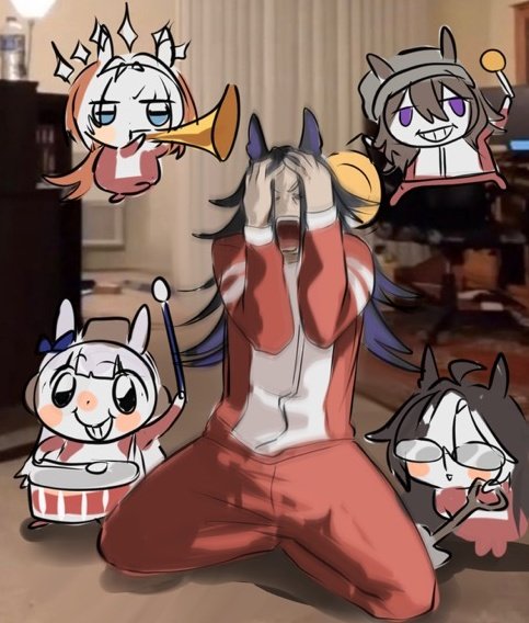 dream journey (umamusume), fenomeno (umamusume), gold ship (umamusume), nakayama festa (umamusume), orfevre (umamusume), umamusume, animal ears, blunt bangs, bow, breasts, brown hat, ear bow, ear covers, ear ribbon, grey hair, hat, horse ears, horse girl, horse tail, horseshoe ornament, long hair, multiple girls, my ace love, open mouth, pillbox hat, purple bow, purple eyes, school uniform, smile, stay gold clan (umamusume), tail, tracen school uniform, tracen training uniform