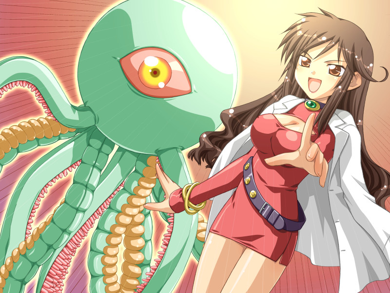 kannazuki genshi, ibusuki kinu, l-laboratory, game cg, tagme, 1girl, breasts, cleavage, gradient background, lab coat, long hair, monster, tentacles