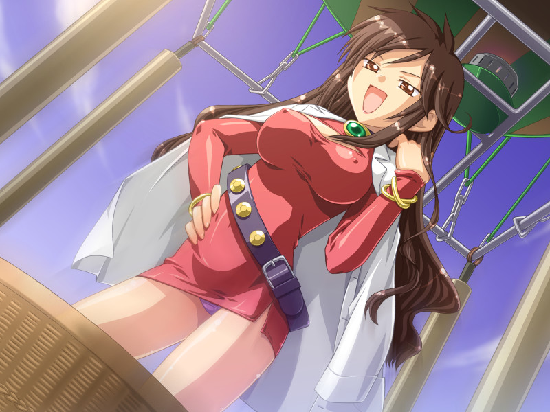 kannazuki genshi, ibusuki kinu, l-laboratory, game cg, tagme, 1girl, breasts, cleavage, female focus, lab coat, long hair, panties, sky, solo, underwear