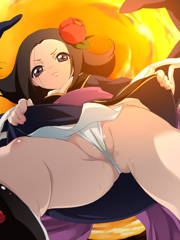 kikuri, jigoku shoujo, 00s, 1girl, cameltoe, clothes lift, female focus, flower, from below, japanese clothes, loli, panties, partially visible vulva, skirt, skirt lift, solo, underwear, wedgie