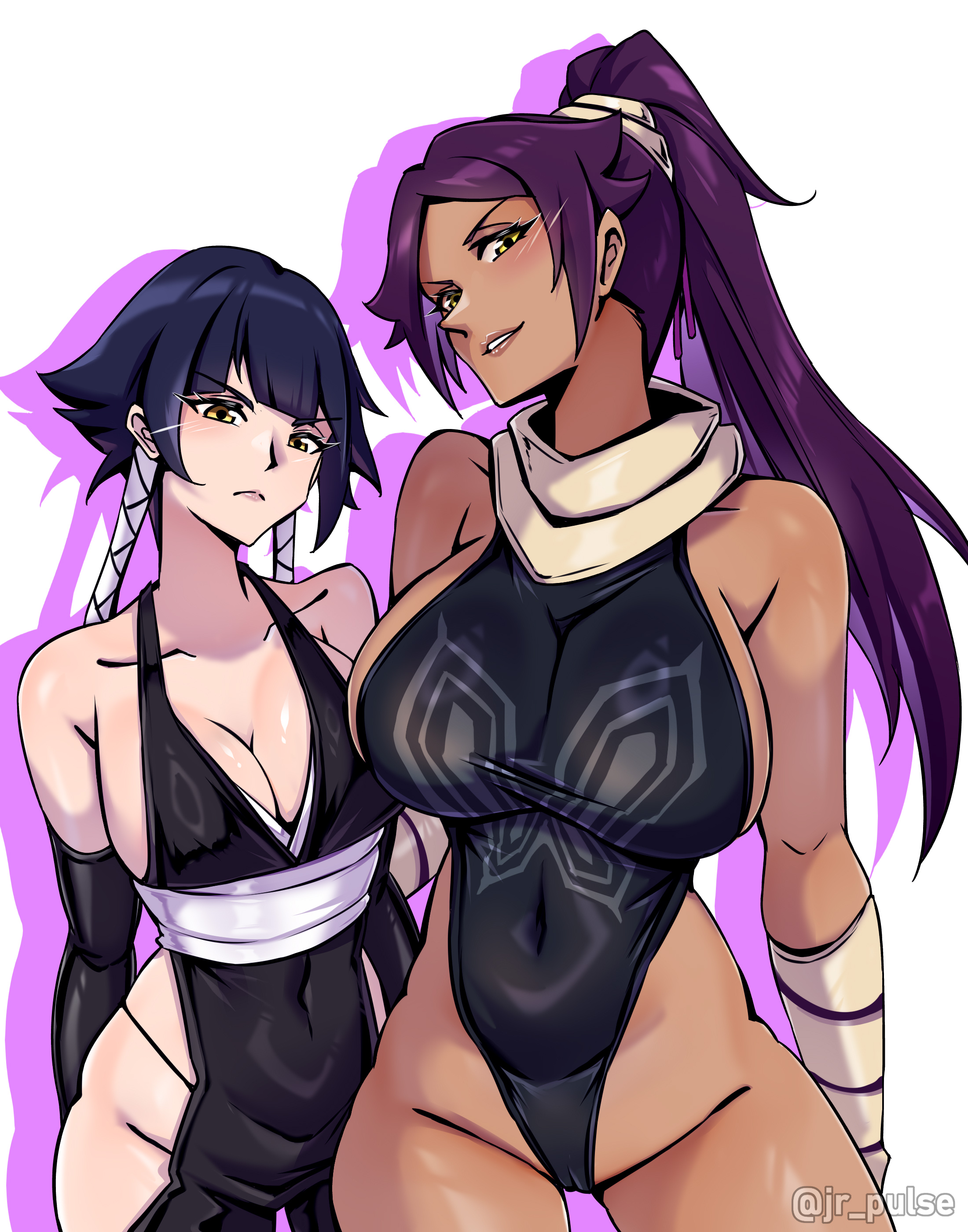 jrpulse, shihouin yoruichi, sui-feng, bleach, absurdres, highres, 2girls, artist name, bare shoulders, black hair, black leotard, breasts, collarbone, dark-skinned female, dark skin, elbow gloves, gloves, hair ornament, large breasts, leotard, long hair, medium breasts, medium hair, multiple girls, parted bangs, ponytail, purple hair, shiny skin, simple background, thigh gap, thighs, thong, white background, yellow eyes