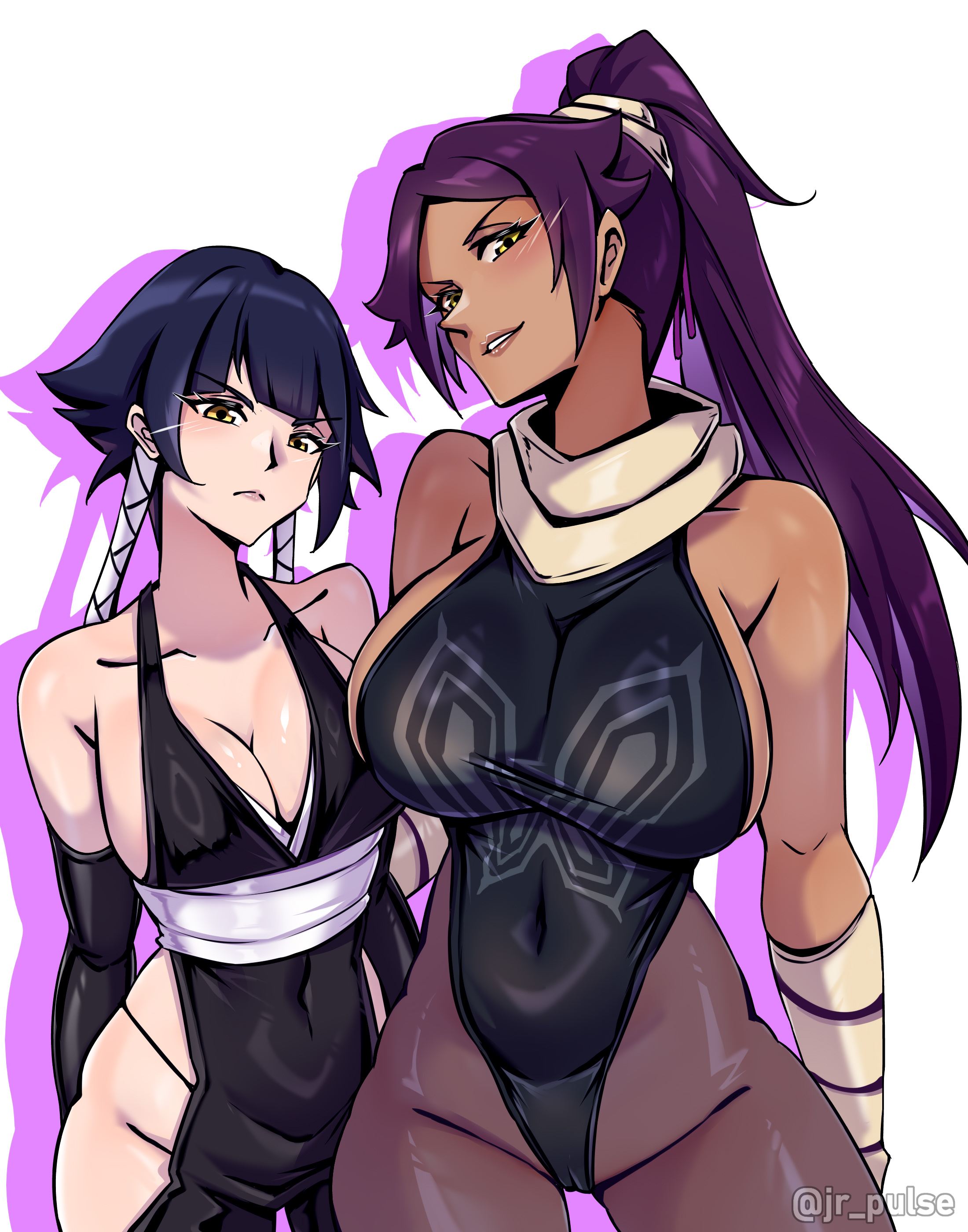 jrpulse, shihouin yoruichi, sui-feng, bleach, absurdres, highres, 2girls, artist name, bare shoulders, black hair, black leotard, breasts, collarbone, dark-skinned female, dark skin, elbow gloves, gloves, hair ornament, large breasts, leotard, long hair, medium breasts, medium hair, multiple girls, pantyhose, parted bangs, ponytail, purple hair, shiny skin, simple background, thong, white background, yellow eyes