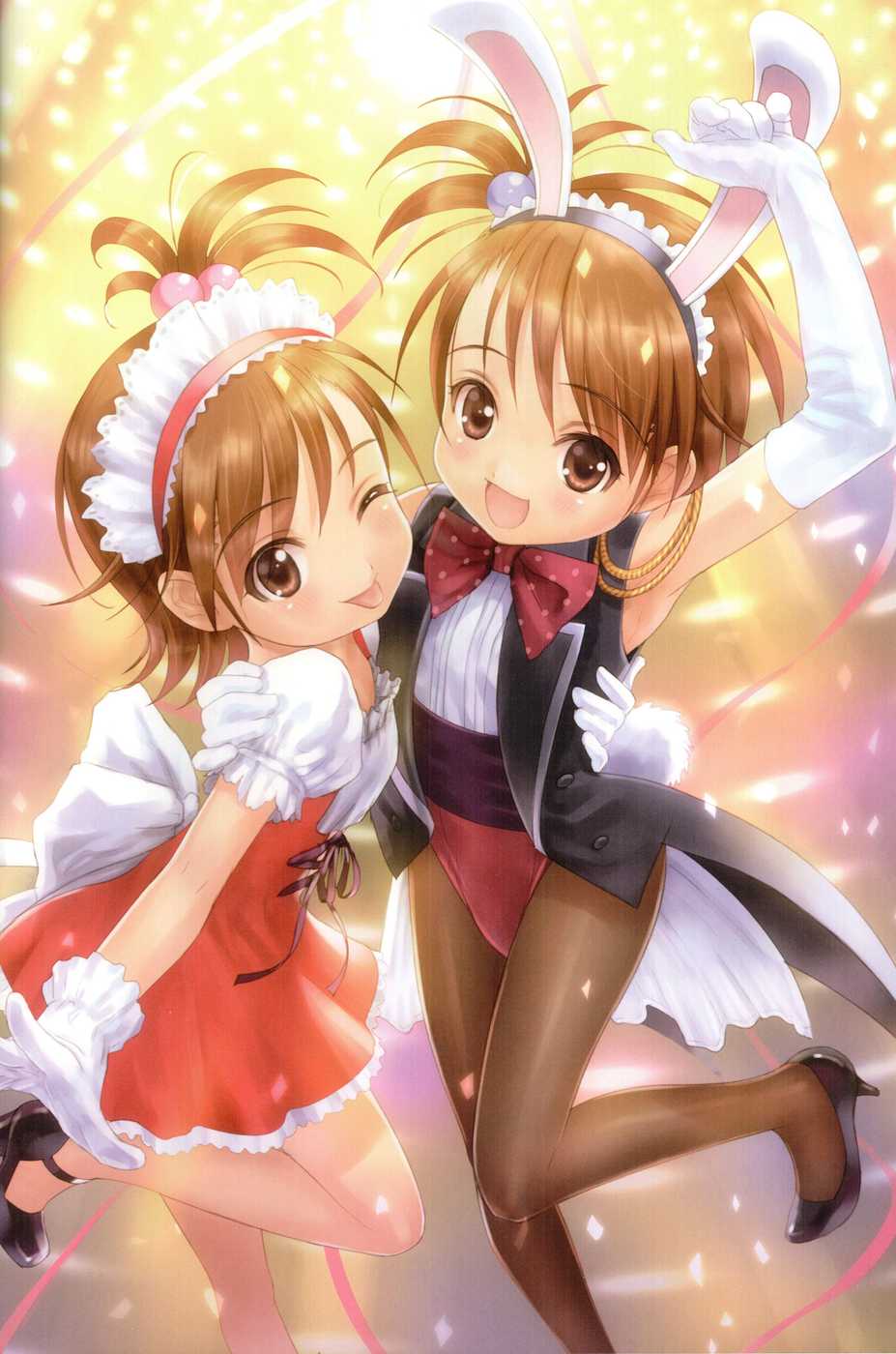futami ami, futami mami, idolmaster, idolmaster (classic), highres, 00s, 2girls, animal ears, bow, bowtie, dress, fake animal ears, formal clothes, high heels, multiple girls, pantyhose, playboy bunny, rabbit ears, rabbit tail, siblings, sisters, suit, tail, thighhighs, tongue, twins