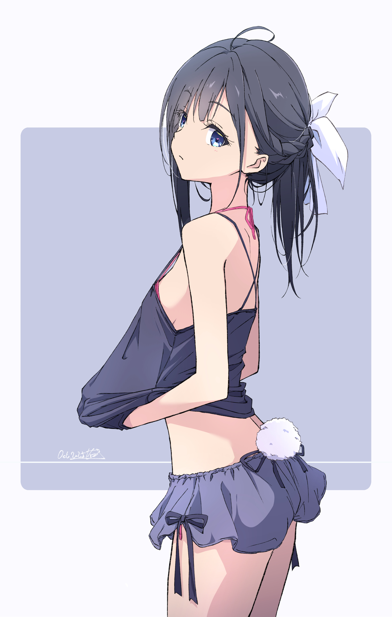 nii manabu, monai-chan (nii manabu), original, commentary request, highres, 1girl, black camisole, black hair, bloomers, blue eyes, breasts, camisole, closed mouth, dated, hair ribbon, looking at viewer, medium hair, midriff, ribbon, signature, small breasts, solo, standing, thighs, underwear, white ribbon