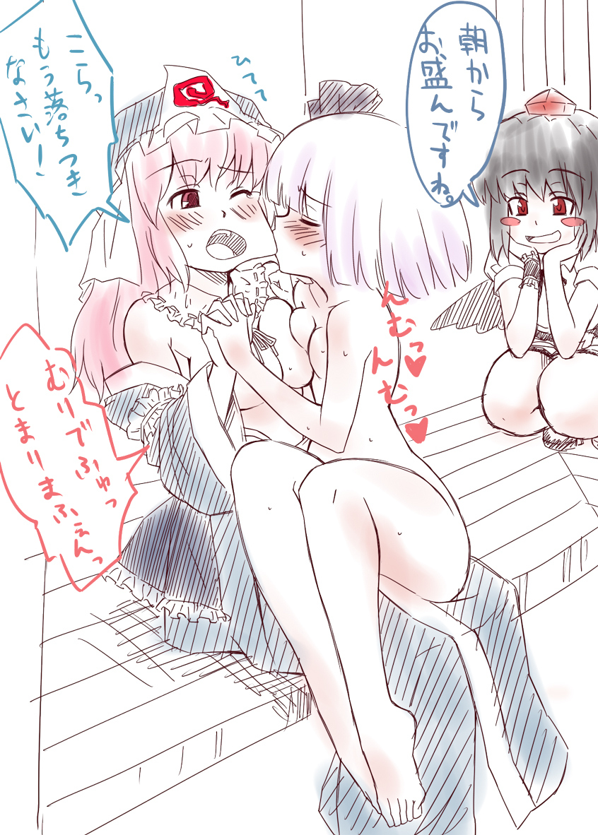 kariinu, konpaku youmu, saigyouji yuyuko, shameimaru aya, touhou, bad id, bad pixiv id, translation request, 3girls, barefoot, biting, blush, blush stickers, breast press, breasts, clothed female nude female, feet, female focus, hat, kiss, large breasts, multiple girls, nude, open clothes, open shirt, shirt, sitting, sitting on lap, sitting on person, sketch, squatting, sweat, yuri