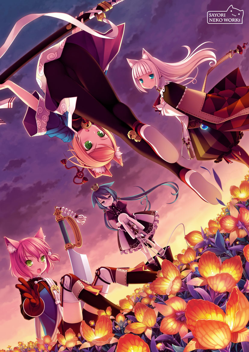 sayori (neko works), fighter (7th dragon), harukara (7th dragon), ikurakun (7th dragon), mage (7th dragon), momomeno (7th dragon), namuna (7th dragon), princess (7th dragon), samurai (7th dragon), 7th dragon, 7th dragon (series), 4girls, animal ears, cat ears, floro (7th dragon), flower, multiple girls, sunset, sword, weapon