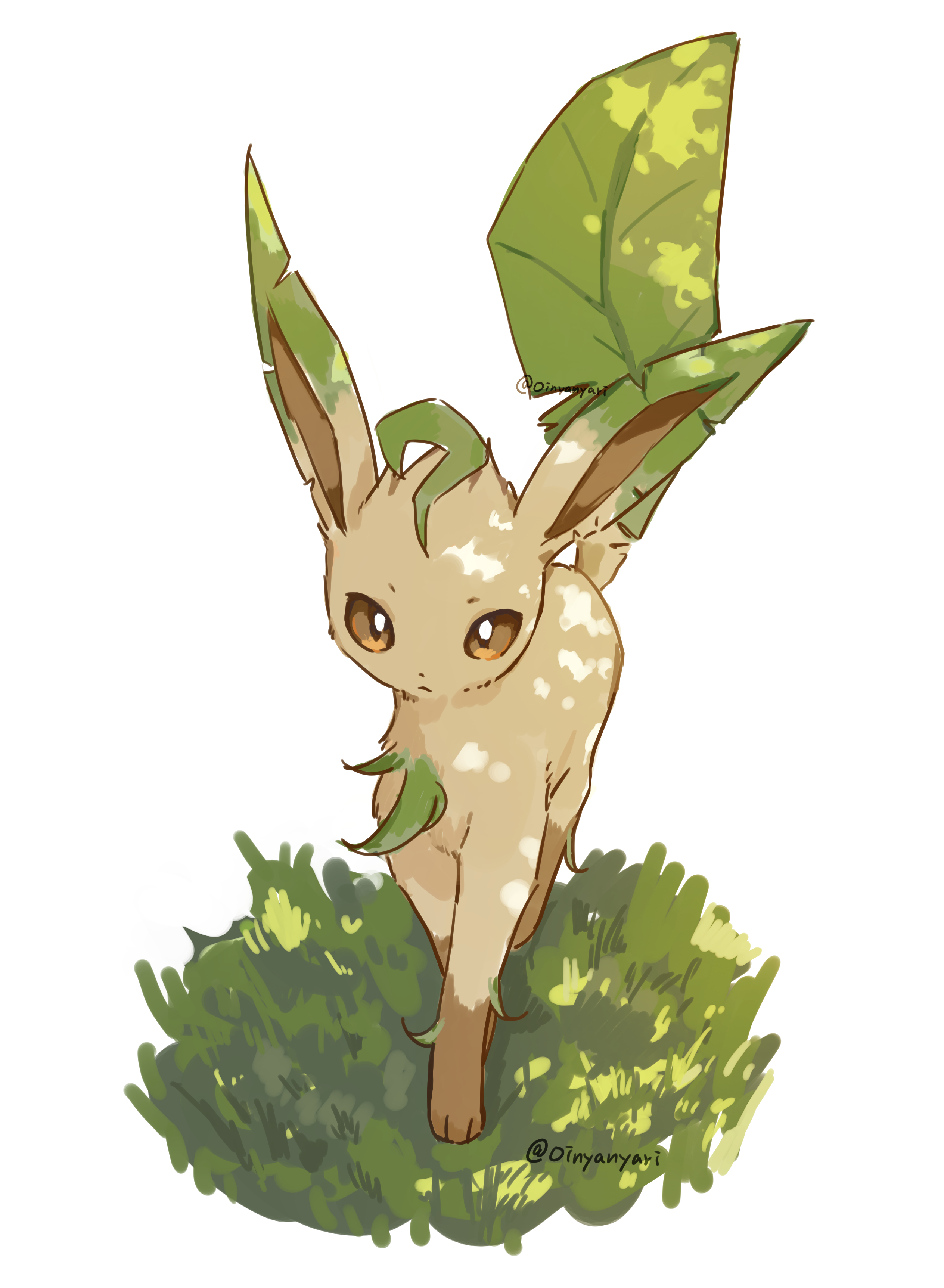 oinyanyari, leafeon, nintendo, pokemon, absurdres, commentary request, highres, all fours, brown eyes, closed mouth, full body, gen 4 pokemon, grass, green tail, leaf, leaf tail, looking at viewer, no humans, plant tail, pokemon (creature), pokemon focus, solo, twitter username, white background, yellow fur