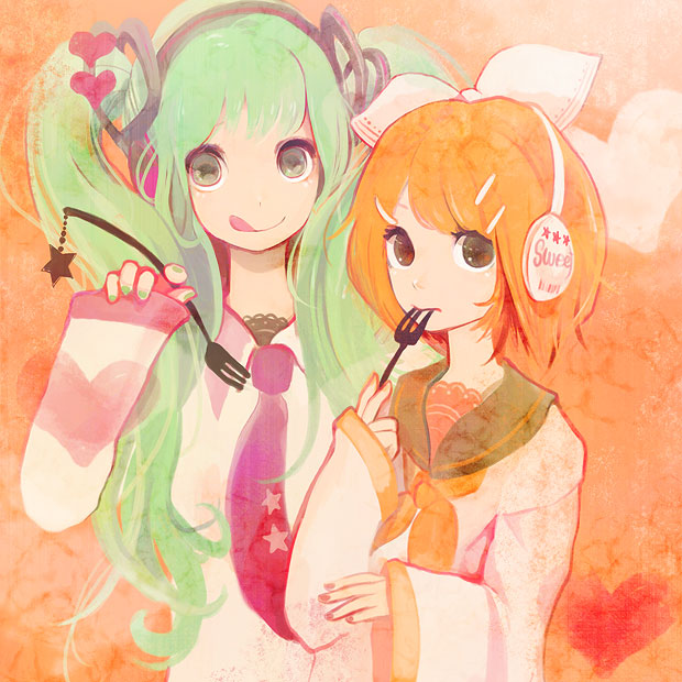 xxxxakixxxx, hatsune miku, kagamine rin, vocaloid, bad id, bad pixiv id, 2girls, :q, fork, hair ornament, hairclip, multiple girls, necktie, tongue, tongue out, twintails