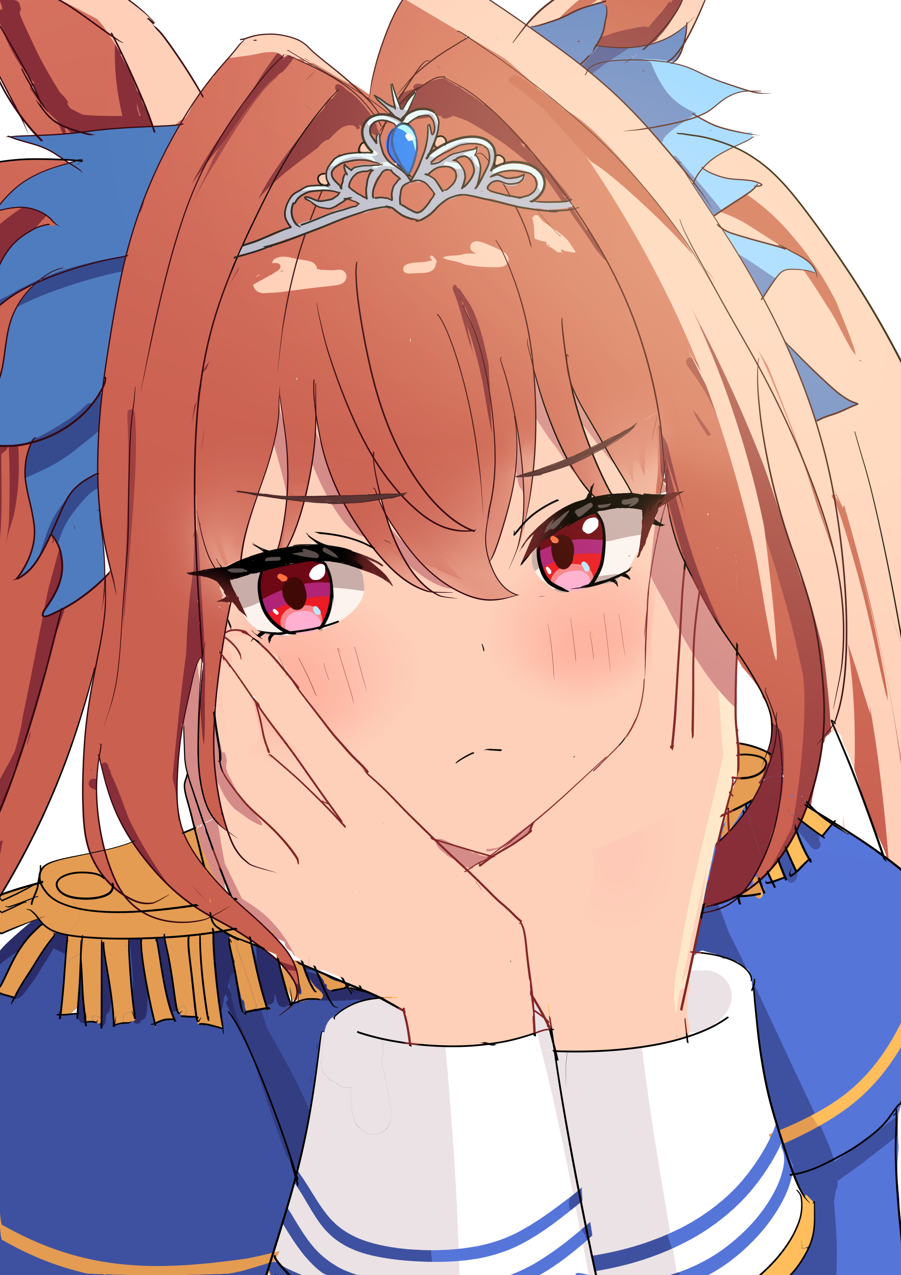 daiwa scarlet (peak blue) (umamusume), daiwa scarlet (umamusume), umamusume, absurdres, highres, 1girl, animal ears, blush, bow, breasts, brown hair, elf4221, epaulettes, framed breasts, hair between eyes, hair intakes, horse ears, horse girl, large breasts, long hair, looking at viewer, red eyes, solo, tiara, twintails, very long hair