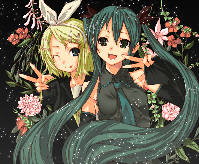 yada ei, hatsune miku, kagamine rin, vocaloid, 2girls, album cover, aqua hair, cover, detached sleeves, flower, hair ornament, hairclip, long hair, multiple girls, necktie, one eye closed, tongue, twintails, v, very long hair, wink