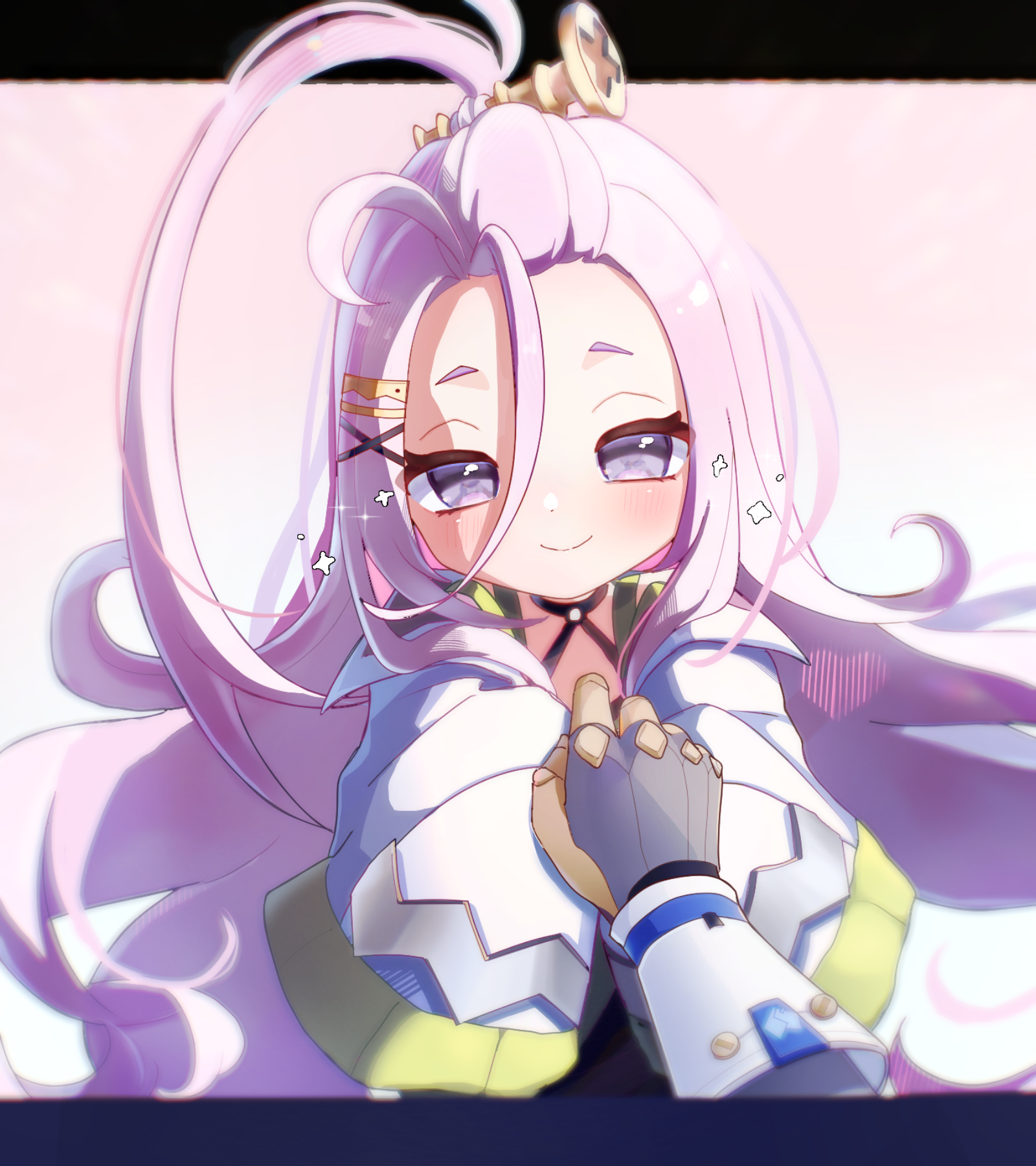 awarenaikimono, aino (genshin impact), ineffa (genshin impact), genshin impact, commentary request, highres, 2girls, coat, female pov, hair between eyes, hair ornament, letterboxed, multiple girls, outside border, pink background, pink hair, pov, purple eyes, screw hair ornament, simple background, sleeves past fingers, sleeves past wrists, smile, solo focus, sparkle, upper body, white coat
