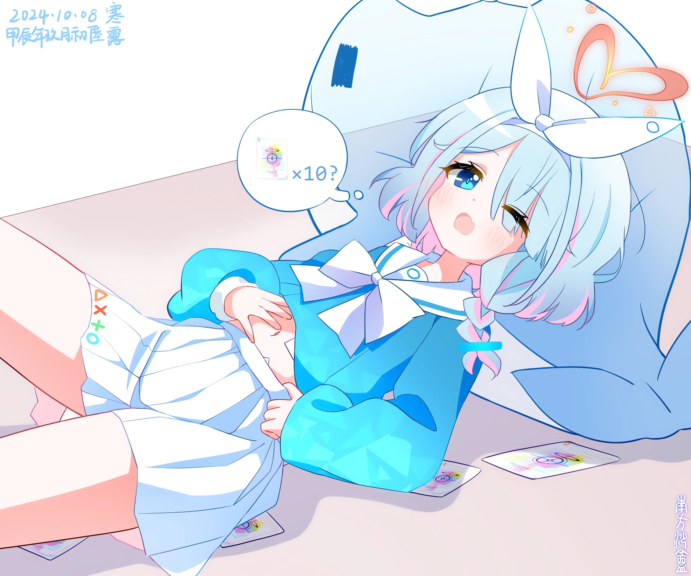 southernsandbox, arona (blue archive), blue archive, highres, 1girl, artist name, blue eyes, blue hair, blue shirt, blush, bow, braid, card, chinese text, colored inner hair, dated, eyes visible through hair, hair over one eye, hair ribbon, hairband, halo, hand on own stomach, hands on own stomach, long sleeves, looking at viewer, lying, multicolored hair, navel, on back, open mouth, pink hair, pleated skirt, puffy long sleeves, puffy sleeves, ribbon, sailor collar, school uniform, serafuku, shirt, short hair, single braid, skirt, solo, streaked hair, two-tone hair, white bow, white ribbon, white sailor collar, white skirt