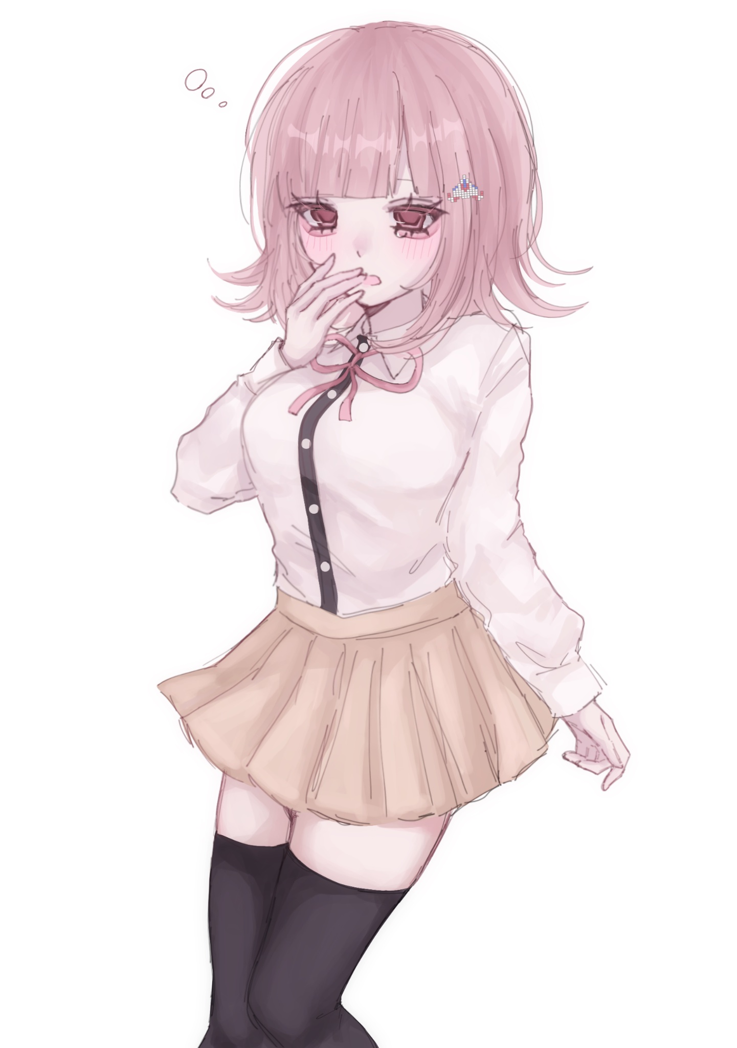 xiang gong, nanami chiaki, danganronpa (series), danganronpa 2: goodbye despair, highres, 1girl, breasts, brown hair, brown skirt, collared shirt, flipped hair, hair ornament, long sleeves, looking at viewer, medium hair, neck ribbon, pink eyes, pink ribbon, pleated skirt, ribbon, shirt, skirt, solo, thighhighs, two-tone shirt, white shirt, zettai ryouiki