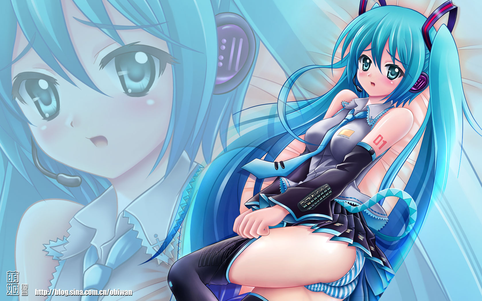 obiwan, hatsune miku, vocaloid, highres, 1girl, :o, aqua eyes, aqua hair, blush, detached sleeves, female focus, headset, long hair, necktie, panties, skirt, solo, striped clothes, striped panties, thighhighs, twintails, underwear, very long hair, zoom layer
