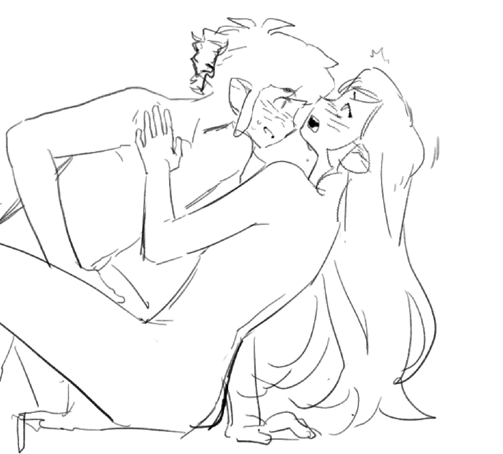 senzo6700, link, tetra, nintendo, the legend of zelda, the legend of zelda: the wind waker, covered pussy, highres, 1boy, 1girl, aged up, blush, covered penetration, covered penis, grabbing another's hair, hand on another's shoulder, holding another's hair, light smile, long hair, nude, open mouth, sex, sitting, sketch, standing, surprised